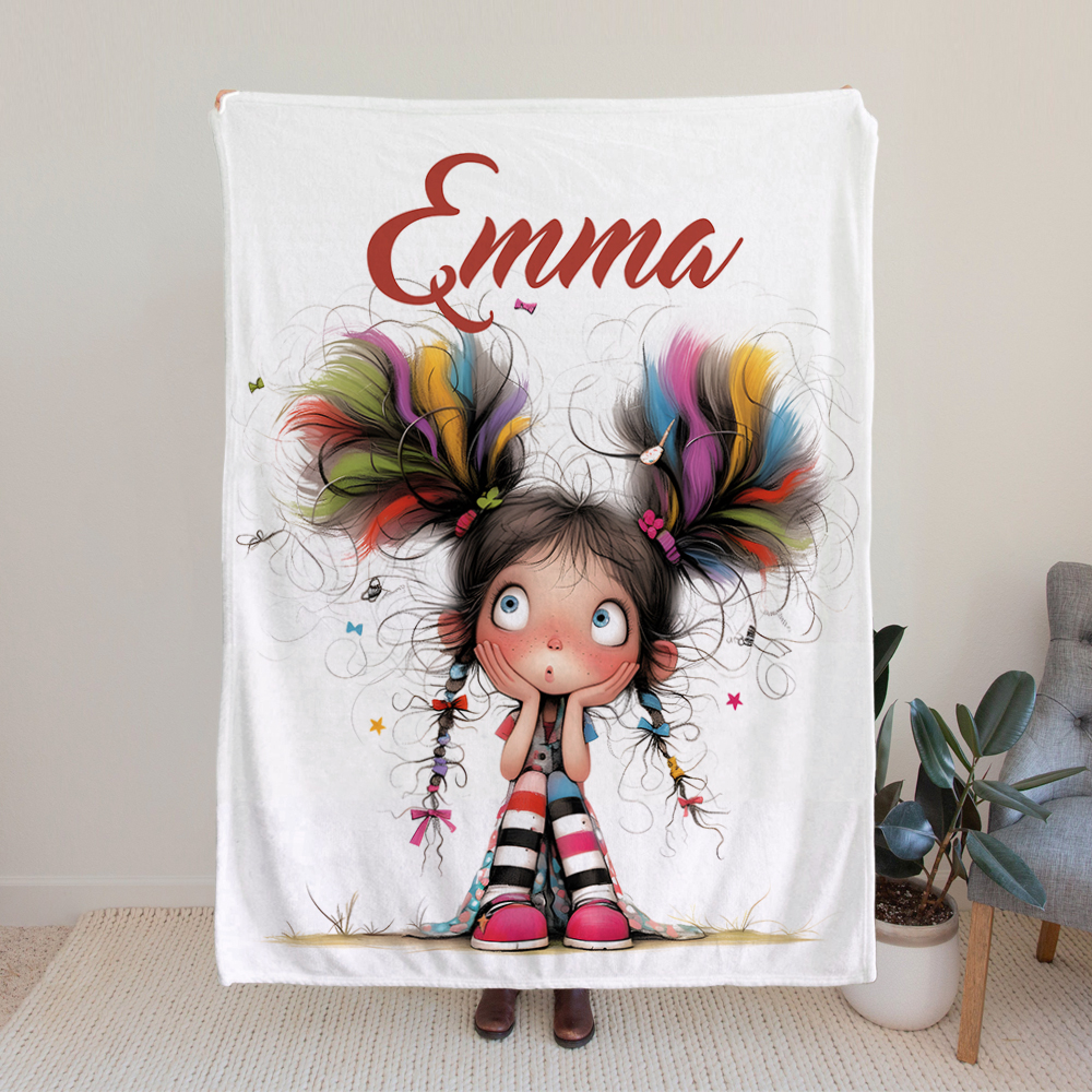 Personnalisé Multicolore Quirky Cartoon Girl Soft Throw Blanket with Name Home Decor Birthday Gift for Girls Women (Cadeau d'anniversaire pour les filles et les femmes)