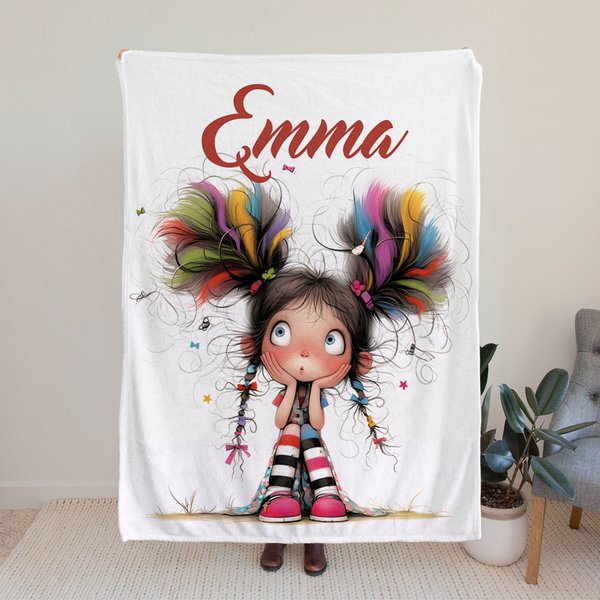 Personalized Multicolor Quirky Girl Soft Throw Blanket with Name Home Decor Birthday Gift for Girls Women
