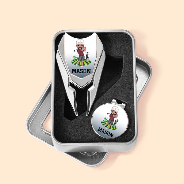 Personalizado de dibujos animados nombre del personaje magnético Divot Herramienta de reparación Marcador de bola sombrero Clip Set con Estuche Cumpleaños Golf Accesorio Regalo para los jugadores de g