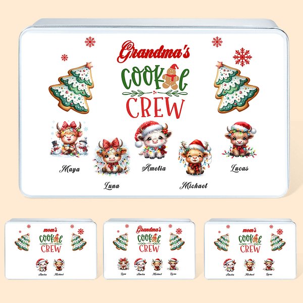 Personalizzato Cookie Crew albero di Natale Highland Cow Food Grade metallo biscotto scatola di latta con nome regalo di Natale per la famiglia