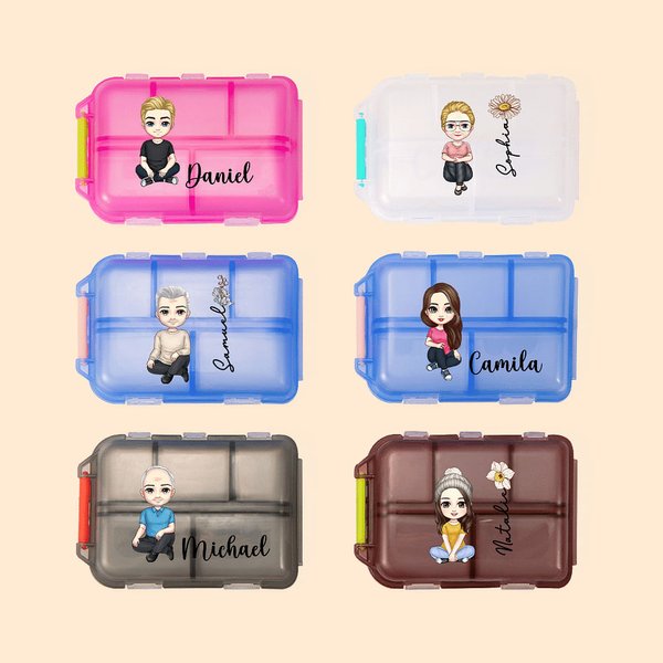 Personalized Birth Flower Cartoon 10 Compartments Pocket Pharmacy Travel Daily Pill Organizer with Name and Medication Labels Gift for Family Friend