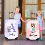 Personalized Birth Flower Bouquet World Map Cartoon 18-32 Inches Luggage Protective Cover with Initial and Name Birthday Travel Gift for Family Kids