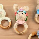 Personalized Baby-safe Cute Animal Rabbit Bear Crochet Baby Rattle with Engraved Name Baby Shower Gift for Newborn