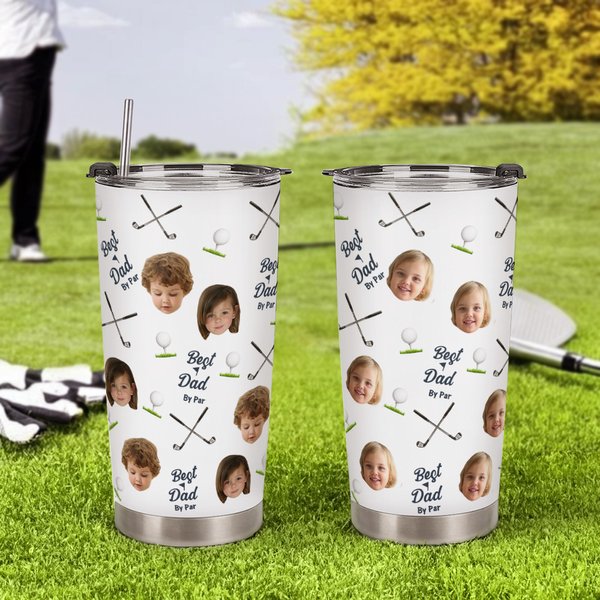 Personalisierte Best Dad von Par Golf Thema Gesicht Foto 20oz isoliert Becher mit Deckel und Strohhalm Geburtstag Sport Geschenk für Familie Golfspieler