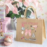 Personalized Pink Coquette Bow Hair Stylist Tools Large Jute Tote Bag with Name Birthday Gift for Hairdresser Hairstylist