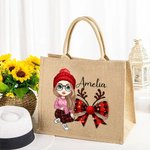 Personalized Cartoon Character Christmas Bow Large Jute Tote Bag with Name Christmas Party Gift for Family Kids