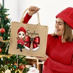 Personalized Cartoon Character Christmas Bow Large Jute Tote Bag with Name Christmas Party Gift for Family Kids