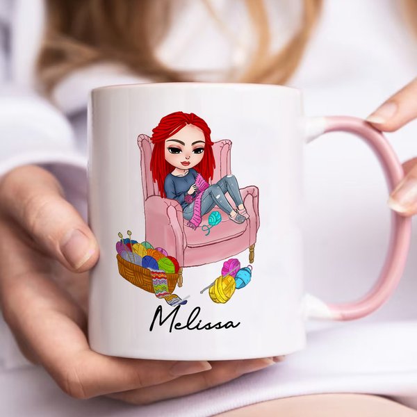Personalized Multicolor Cartoon Knitted Grl 11oz Mug with Name Birthday Gift for Crochet Sewing Lovers