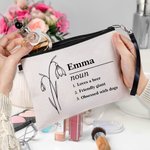 Personalised Name Definition Makeup Bag with Birth Flower and Wrist Strap Birthday Gift for Women Girls