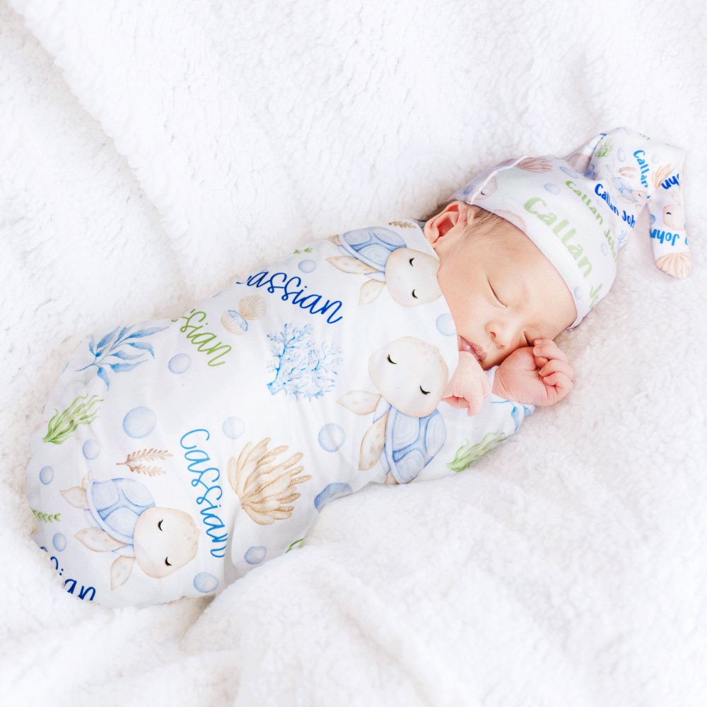 Couverture de bébé personnalisée avec nom (tortue) Cadeau d'accueil de douche de bébé pour nouveau-né