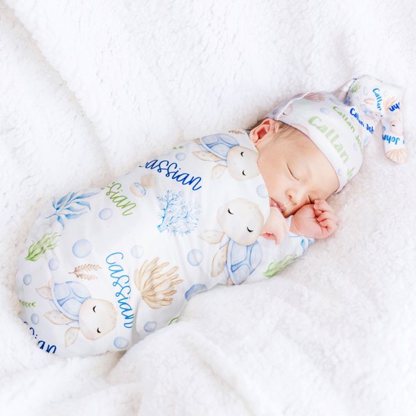 Gepersonaliseerde Schattige Cartoon Schildpad Baby Deken Swaddle met Naam Baby Shower ontvangen Gift voor pasgeborene