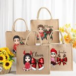 Personalized Cartoon Character Christmas Bow Large Jute Tote Bag with Name Christmas Party Gift for Family Kids