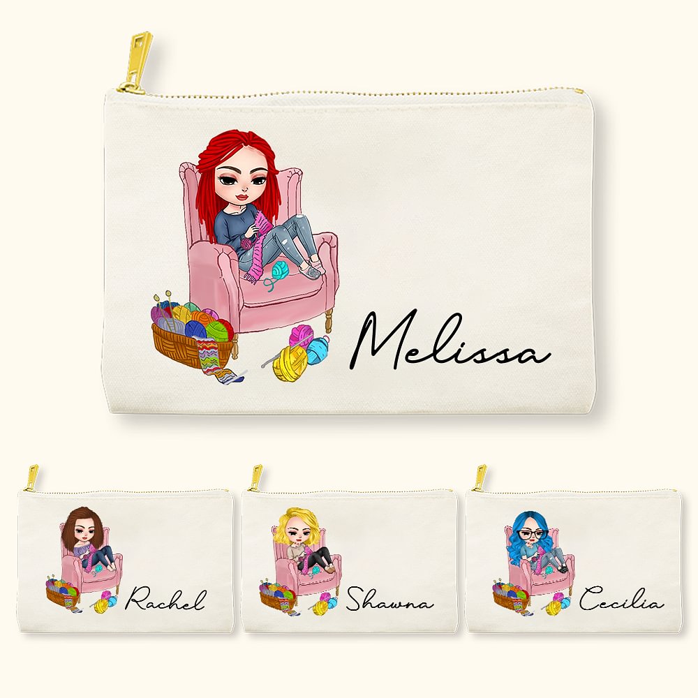 Personalizzato Cute Cartoon Crochet Girl Canvas Crochet Hook Storage Pouch with Name Crochet Accessories Birthday Gift for Knitting Lovers (Regalo di
