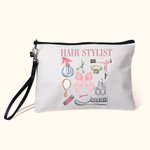 Personalized Coquette Bow Hair Stylist Tools Linen Makeup Bag with Text and Wrist Strap Birthday Gift for Hairstylist Barber Hairdresser