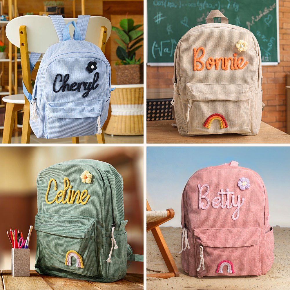 Personalized Braided Flower Rainbow Name Corduroy Kid Toddler Backpack for Preschool Kindergarten
