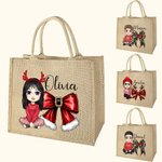 Personalized Cartoon Character Christmas Bow Large Jute Tote Bag with Name Christmas Party Gift for Family Kids