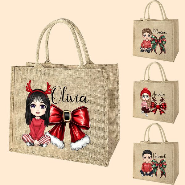 Personalized Cartoon Character Christmas Bow Large Jute Tote Bag with Name Christmas Party Gift for Family Kids