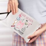 Personalized Coquette Bow Hair Stylist Tools Linen Makeup Bag with Text and Wrist Strap Birthday Gift for Hairstylist Barber Hairdresser