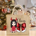Personalized Cartoon Character Christmas Bow Large Jute Tote Bag with Name Christmas Party Gift for Family Kids