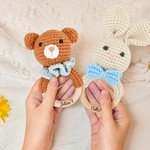 Personalized Baby-safe Cute Animal Rabbit Bear Crochet Baby Rattle with Engraved Name Baby Shower Gift for Newborn