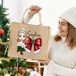 Personalized Cartoon Character Christmas Bow Large Jute Tote Bag with Name Christmas Party Gift for Family Kids
