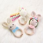 Personalized Baby-safe Cute Animal Rabbit Bear Crochet Baby Rattle with Engraved Name Baby Shower Gift for Newborn