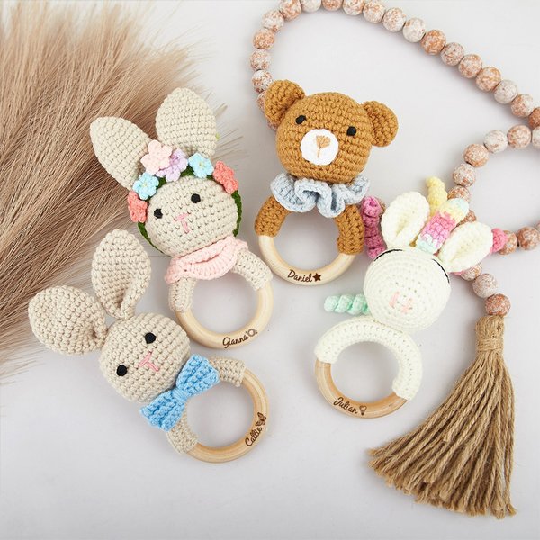 Sonajero de ganchillo personalizado con nombre grabado para recién nacido Baby Shower Gift for Newborn