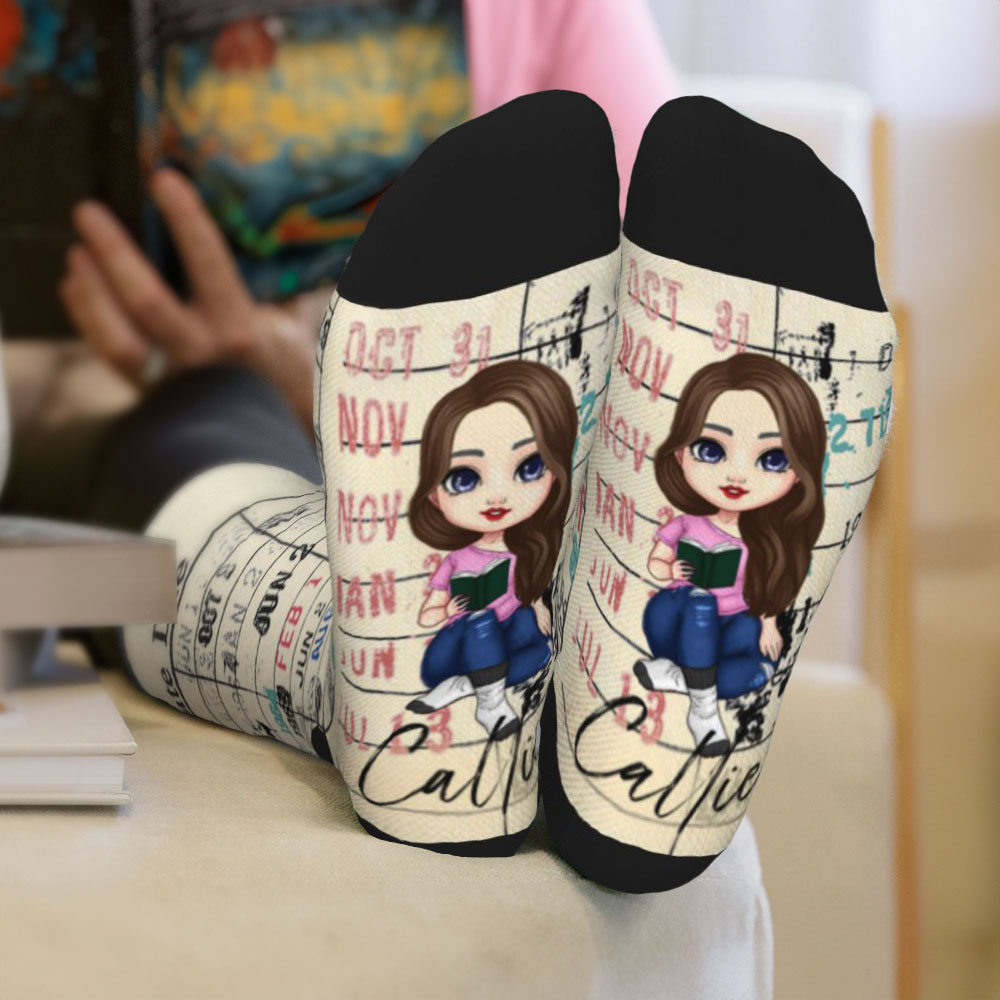 Personalized Retro Library Date Due Card Cartoon Novelty Mid-calf Socks with Name Birthday Bookworm Gift for Women Girls