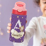 Personalisierte Isolierte Waldtier Kinder Trinkflasche 350ml mit Initiale Namen Silikonstrohhalm Geburtstag Schulanfang Geschenk für Jungen Mädchen
