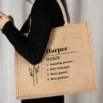 Ligne personnalisée Nom de naissance Fleur Définition Réutilisable Grand sac en toile de jute avec texte Mariage Fête Fête de mariage Anniversaire Cadeau pour femmes