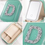 Personalized Glitter Rhinestone Letter Leather Travel Jewellery Box with Adjustable LED Makeup Mirror Birthday Bridesmaid Gift for Women
