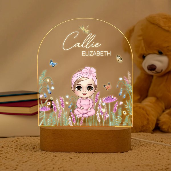 Veilleuse LED personnalisée en forme de dessin d'enfant et de fleur avec base en bois et nom Cadeau d'anniversaire de Noël pour filles et garçons