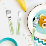 Set di posate personalizzato con nome e animali in stile cartone animato in acciaio inossidabile regalo di compleanno sicuro per bambini