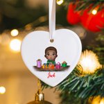 Personalised Cute Cartoon Reindeer Elf Girl Boy Receiving Gift Box Christmas Ceramic Ornament with Name Holiday Tree Decor Birthday Gift for Kids