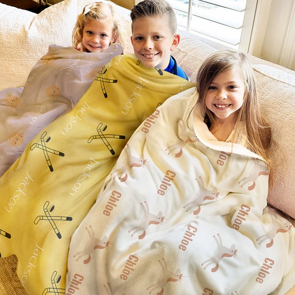 Personalized Multi-colour Cartoon Cute Cat Hockey Soft Throw Blanket with Name Home Decor Birthday Gift for Boys Girls