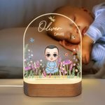 Veilleuse LED personnalisée en forme de dessin d'enfant et de fleur avec base en bois et nom Cadeau d'anniversaire de Noël pour filles et garçons