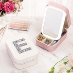 Personalized Glitter Rhinestone Letter Leather Travel Jewellery Box with Adjustable LED Makeup Mirror Birthday Bridesmaid Gift for Women
