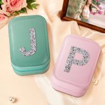 Personalized Glitter Rhinestone Letter Leather Travel Jewellery Box with Adjustable LED Makeup Mirror Birthday Bridesmaid Gift for Women