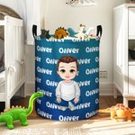 Personalized Gradient Cartoon Boy Large Toy Laundry Basket with Dinosaur Name and Handle Waterproof Nursery Decoration Housewarming Gift for Boys