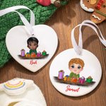 Personalised Cute Cartoon Reindeer Elf Girl Boy Receiving Gift Box Christmas Ceramic Ornament with Name Holiday Tree Decor Birthday Gift for Kids
