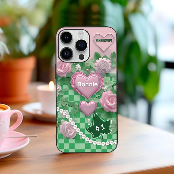 Personalisierte Herz Rose rosa und grün AKA Sorority Slim Phone Case für iPhone mit Namen und Nummer Graduierung Geburtstag Geschenk für Schwestern Freunde