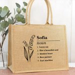 Ligne personnalisée Nom de naissance Fleur Définition Réutilisable Grand sac en toile de jute avec texte Mariage Fête Fête de mariage Anniversaire Cadeau pour femmes