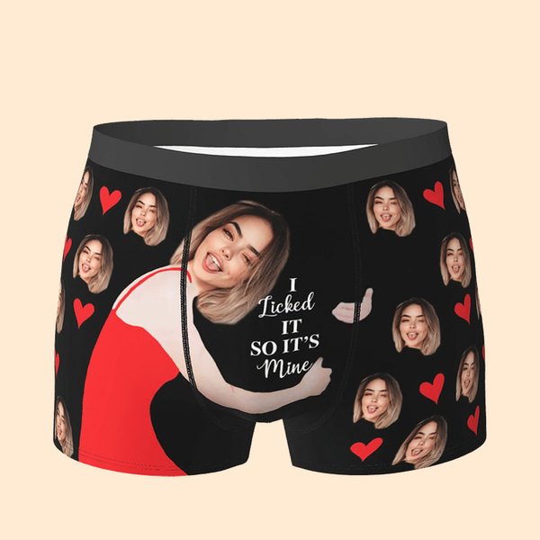 Calzoncillos bóxer personalizados con la foto de mi cara lamiéndola, labios rojos y corazón de amor Ropa interior masculina Divertido regalo de San Valentín para él