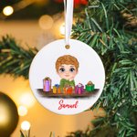 Personalised Cute Cartoon Reindeer Elf Girl Boy Receiving Gift Box Christmas Ceramic Ornament with Name Holiday Tree Decor Birthday Gift for Kids