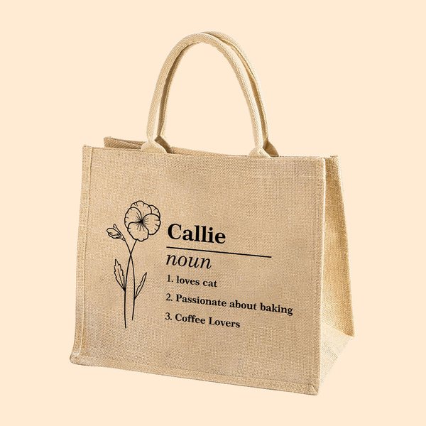 Ligne personnalisée Nom de naissance Fleur Définition Réutilisable Grand sac en toile de jute avec texte Mariage Fête Fête de mariage Anniversaire Cadeau pour femmes