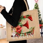 Personalizzato Holly floreale iniziale personaggio cartone animato grande borsa di iuta con nome Natale festa regalo per la famiglia bambini