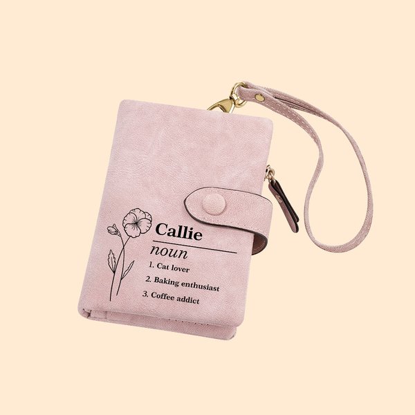 Personalized Portable Birth Flower Name Definition Leather Tri-Folded Wallet with Name Birthday Mother's Day Bachelorette Gift for Women Girls