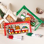 Personalised Santa Reindeer Christmas Theme Clear Pen Case and 3 pcs Name Ballpoint Pens Set School Stationery Christmas Gift for Kids Students