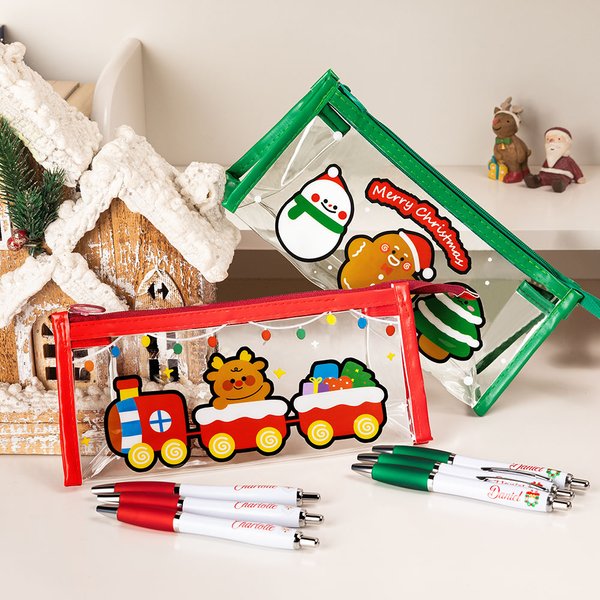 Personalized Santa Reindeer Christmas Theme Clear Pen Case and 3 pcs Name Ballpoint Pens Set School Stationery Christmas Gift for Kids Students