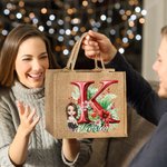 Personalizzato Holly floreale iniziale personaggio cartone animato grande borsa di iuta con nome Natale festa regalo per la famiglia bambini